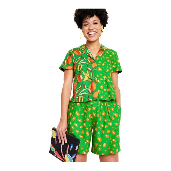 Tabitha Brown Target Linen Blend Green Orange Leopard Pleated Shorts size L - Picture 2 of 15